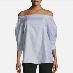 THEORY Blue & White Joscla Mason Striped Off Shoulder Top